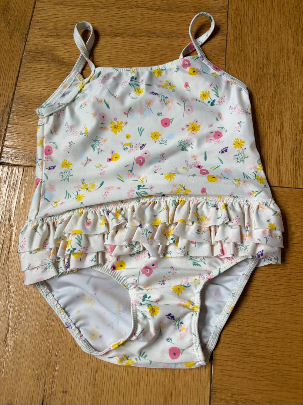 Petit Bateau Girls White Floral One-Piece Swimsuit with Pink & Yellow Flowers